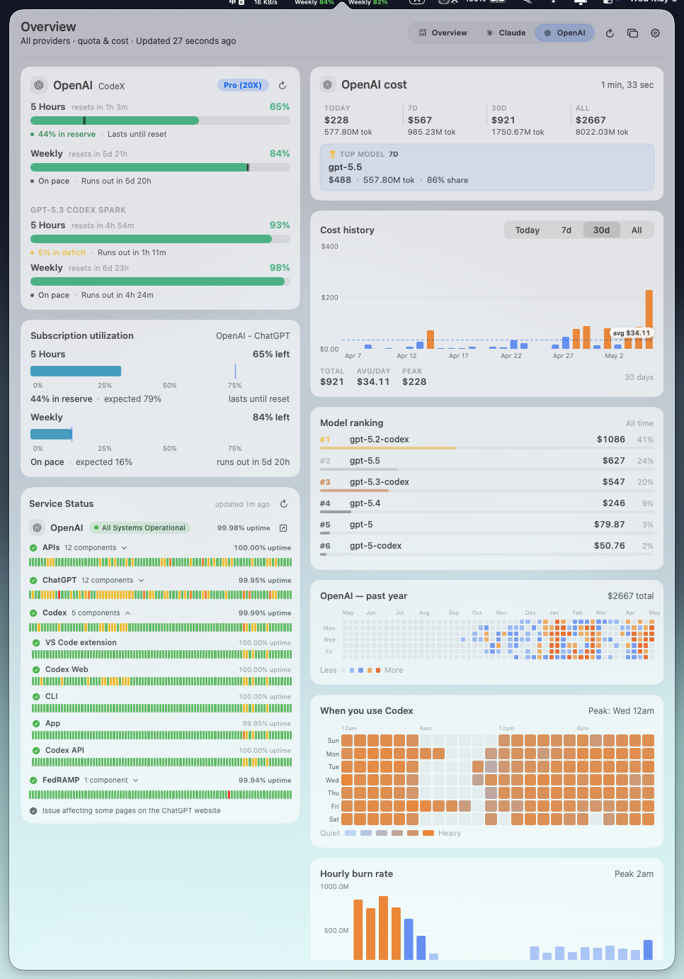 Codex / OpenAI detail view in Vibe Bar