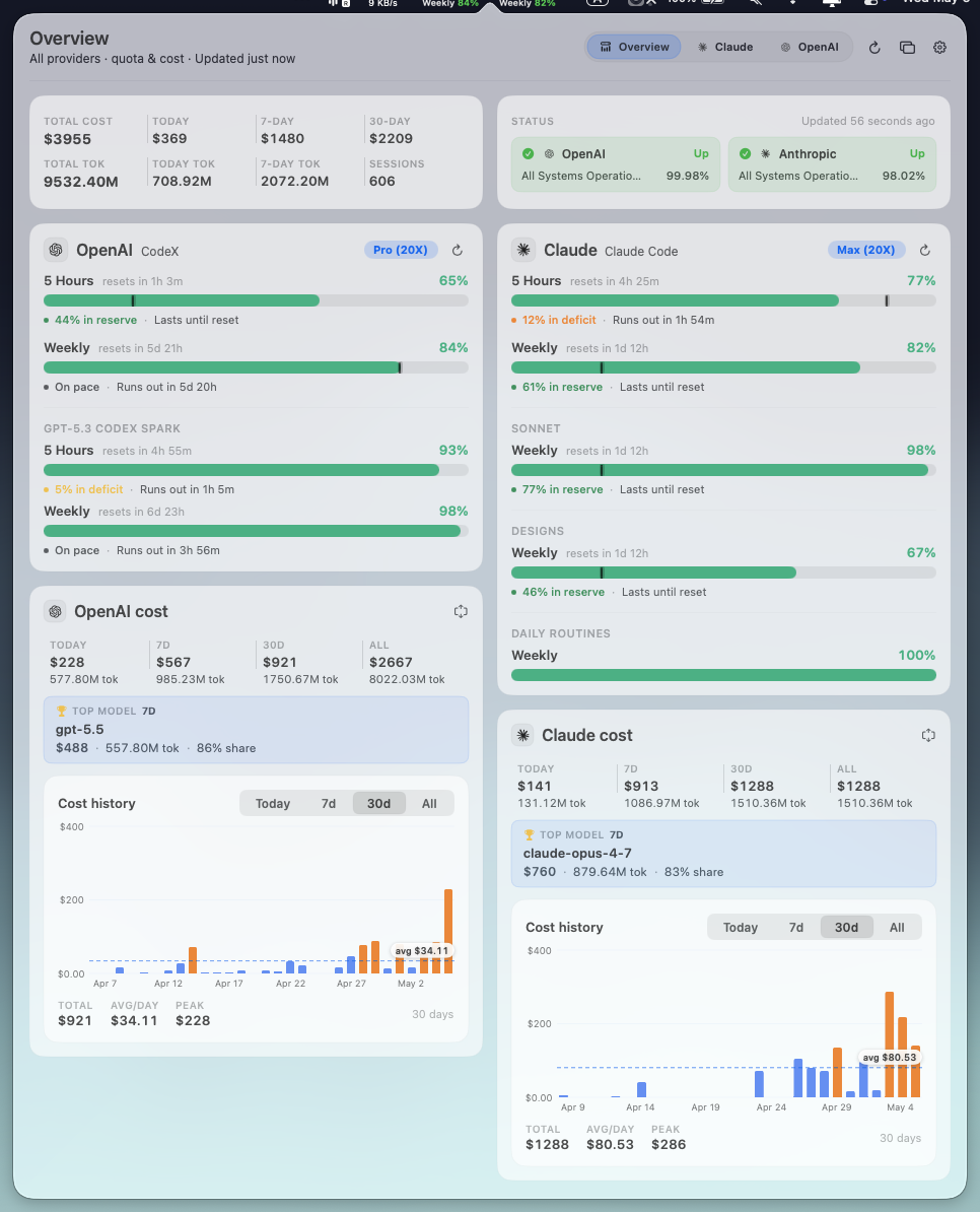 Vibe Bar overview popover — real screenshot
